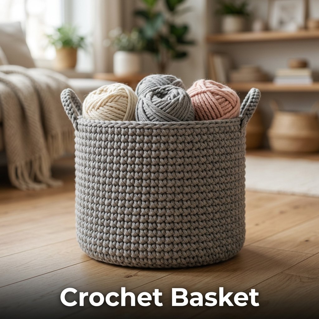 A structured, freestanding round storage basket handmade from thick super-bulky t-shirt yarn with integrated side handles
