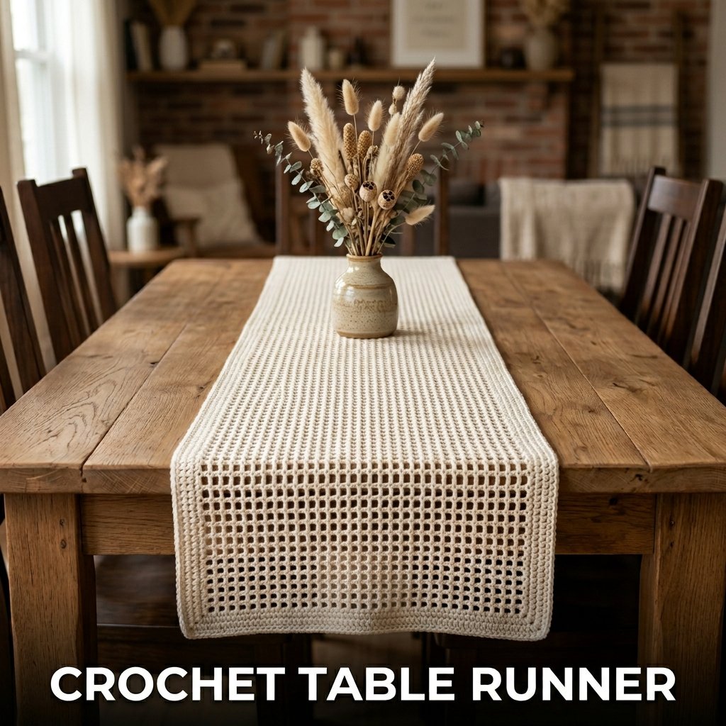 A long, elegant white crochet lace table runner featuring a delicate mesh stitch pattern stretched down the center of a rustic wooden dining table
