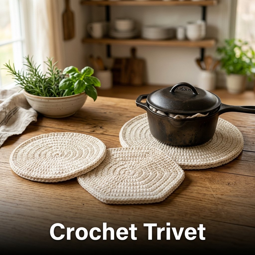 A thick, double-layered circular hot pad crocheted from 100% thick cotton yarn protecting a kitchen countertop