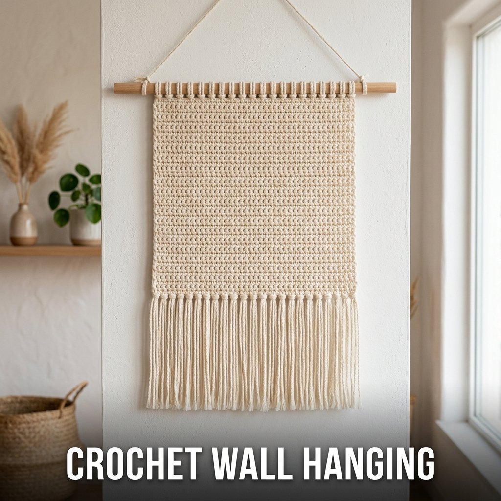 A neutral cream cotton crochet wall hanging with long, thick fringe dangling beautifully from a natural wooden dowel