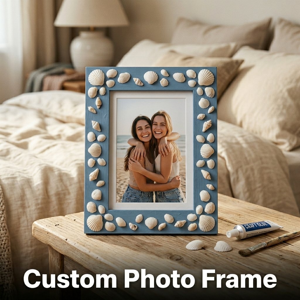 A painted wooden picture frame decorated with small, neatly glued seashells housing a happy portrait of friends