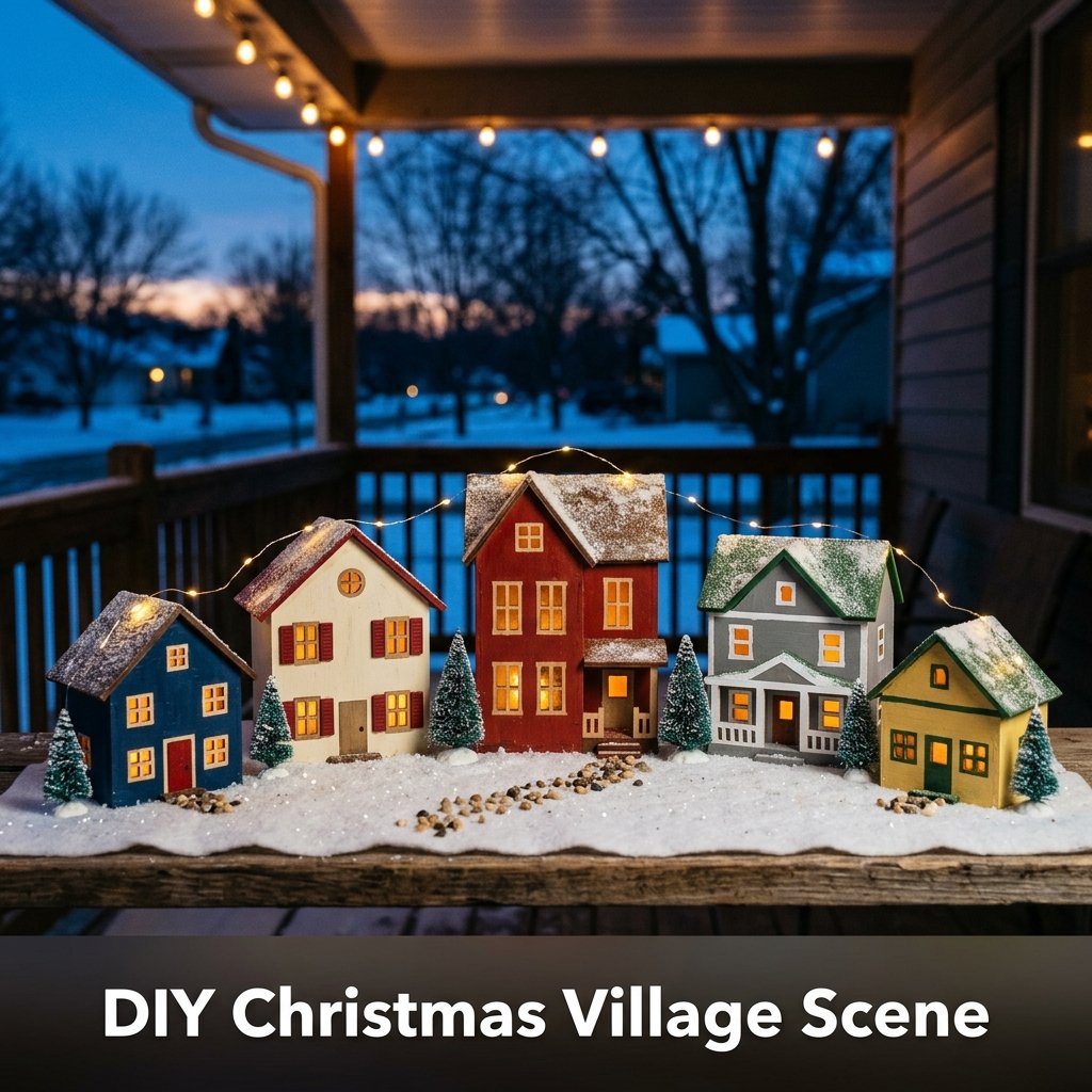 A miniature village of five small plywood houses with glowing window cutouts, arranged on a porch shelf covered in fluffy faux snow