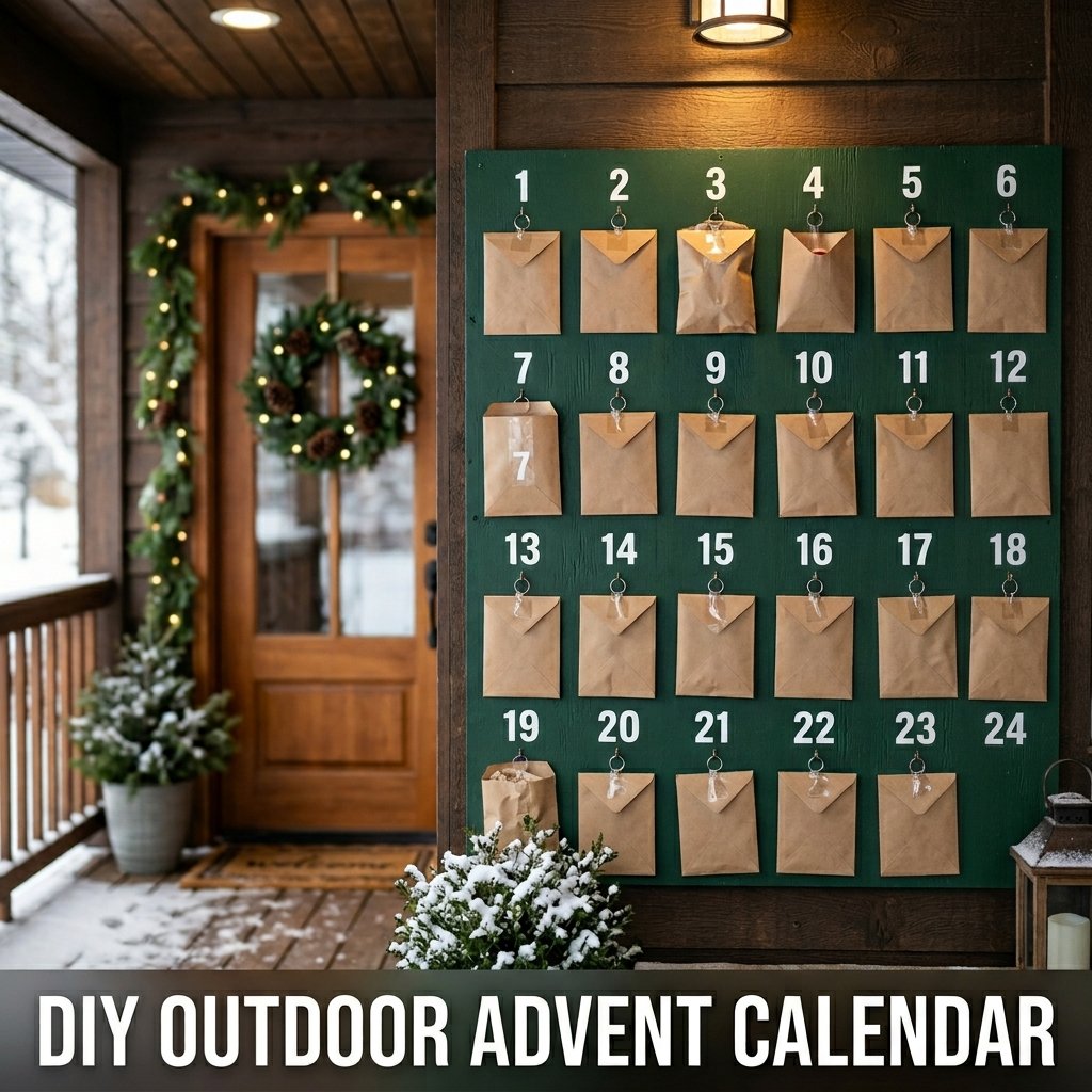 A dark red painted display board mounted on a porch wall featuring 24 small, waterproof kraft envelopes hanging from small metal hooks