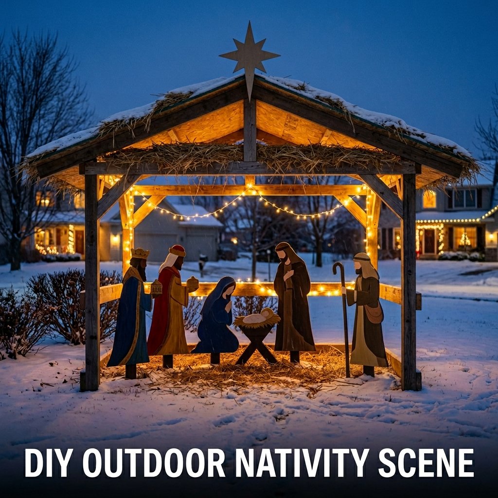 A minimal and elegant white plywood nativity silhouette display set inside a rustic wooden stable structure topped with natural straw