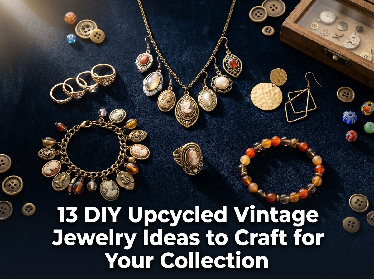 A collection of upcycled vintage jewelry including a brooch-embellished hair clip, a layered charm necklace, and antique button pendants on a velvet display