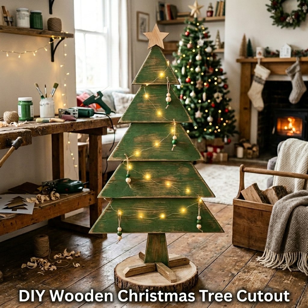 A tall, vibrant green plywood Christmas tree cutout decorated with colorful painted ornament dots and a bright yellow star at the peak
