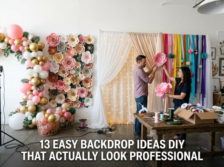 An elegant, professionally styled DIY party backdrop featuring layered pastel balloons, soft cascading drapery, and warm fairy lights arranged on a rustic wooden floor