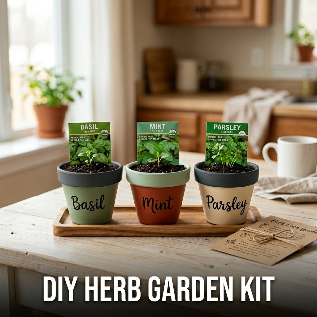 A wooden tray holding three small terracotta pots painted with the names basil, mint, and parsley, each tucked with a seed packet