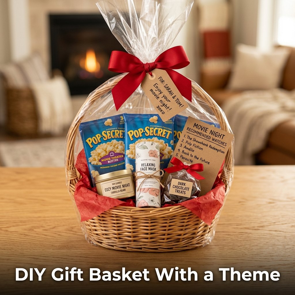 A curated self-care gift basket filled with a scented candle, a face mask, a small notebook, and a hand-tied ribbon
