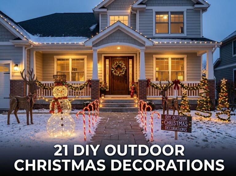 A beautifully decorated winter front yard at dusk featuring a variety of bright, illuminated DIY outdoor Christmas decorations, handmade wooden lawn signs, and warm glowing walkway markers
