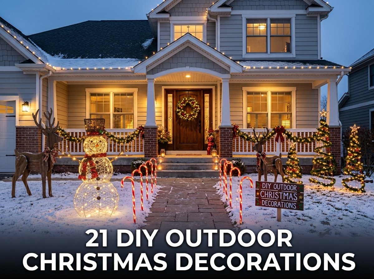 A beautifully decorated winter front yard at dusk featuring a variety of bright, illuminated DIY outdoor Christmas decorations, handmade wooden lawn signs, and warm glowing walkway markers