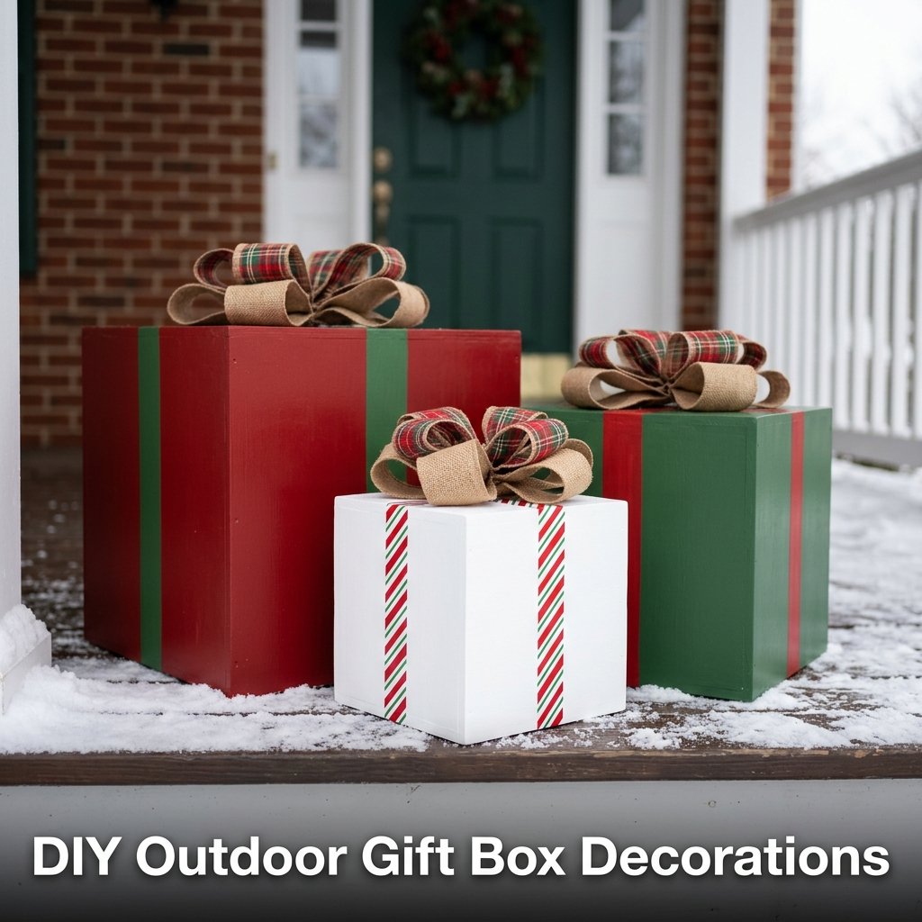 A charming stack of three nested square plywood boxes painted in rich red and green exterior paints, topped with waterproof outdoor gold bows