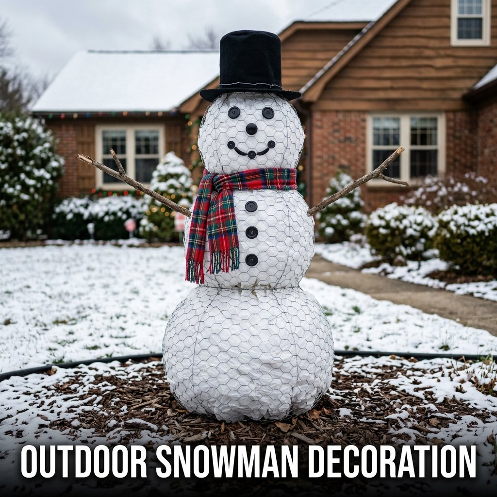 A friendly 3-tier snowman made from wire mesh spheres stuffed with bright white material, accessorized with a cozy plaid scarf, stick arms, and a black top hat