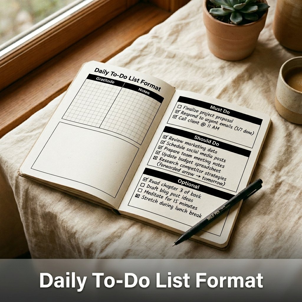 A highly productive journal layout dividing daily tasks into distinct horizontal sections labeled Must Do, Should Do, and Optional