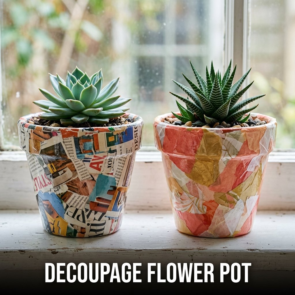 Decoupage flower pot with layered paper decoration and creative handmade planter style