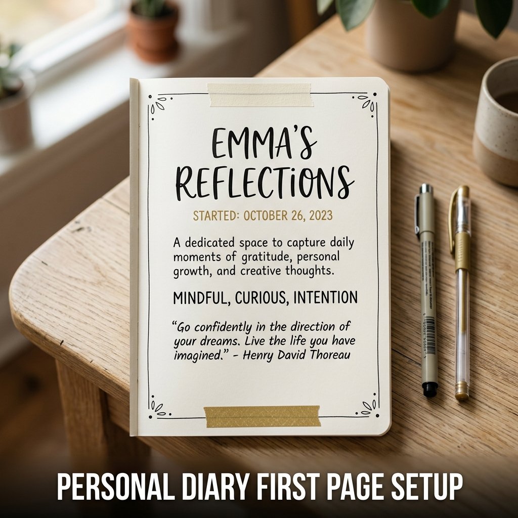 An elegant title page of a new diary featuring the owner's name in large calligraphy, a start date, and a inspiring quote