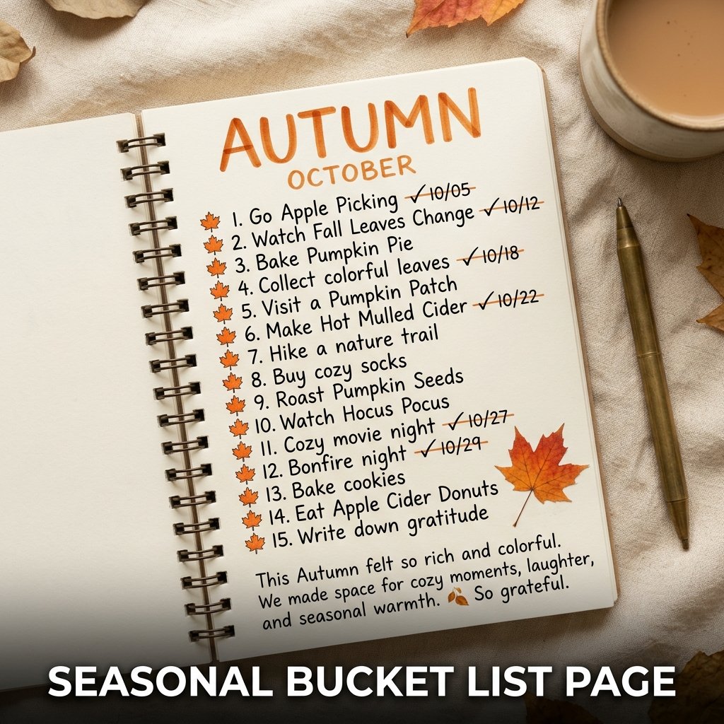 A cozy autumn-themed bucket list page decorated with pressed orange leaves and tiny hand-drawn pumpkins acting as checkboxes