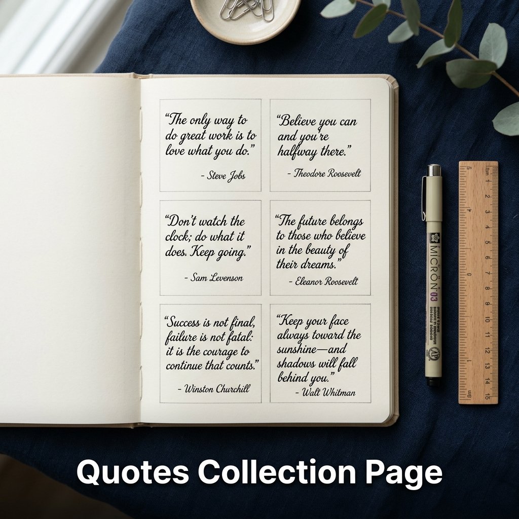A clean, well-spaced diary layout showcasing meaningful book quotes written in bold lettering with neat source citations below each