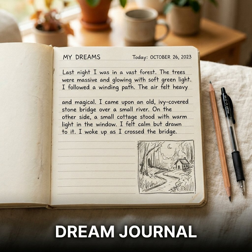 A cozy notebook page filled with quick, flowing present-tense handwriting next to a tiny, rough pencil sketch of a floating door

