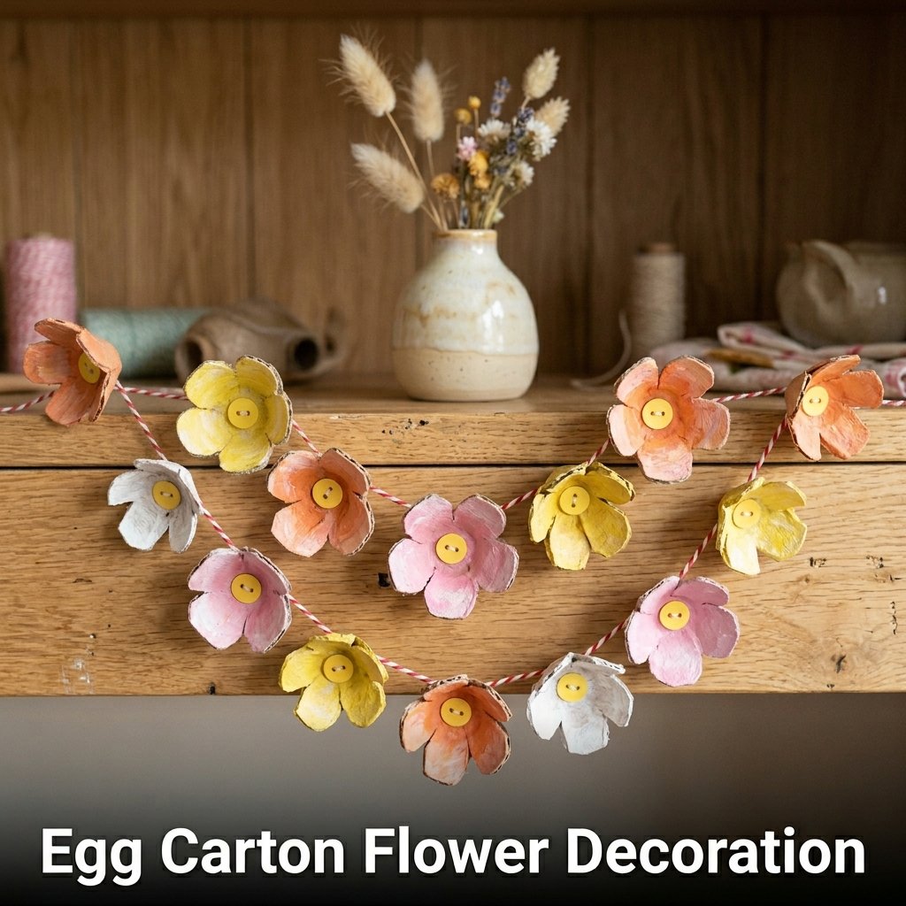 A charming festive garland consisting of painted egg carton flower shapes with yellow button centers, strung along a length of baker's twine