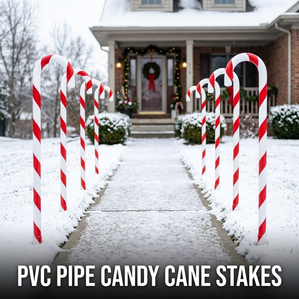 A row of glossy white PVC pipes bent into clean hooks and painted with crisp red diagonal stripes, lining a snowy concrete garden walkway