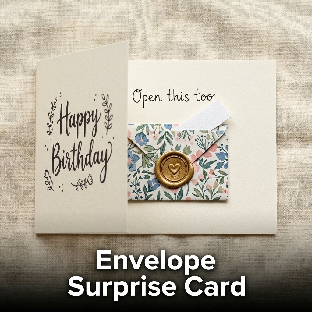 The inside of a handmade card featuring a tiny patterned paper envelope glued to the panel, revealing a small secret message slipping out