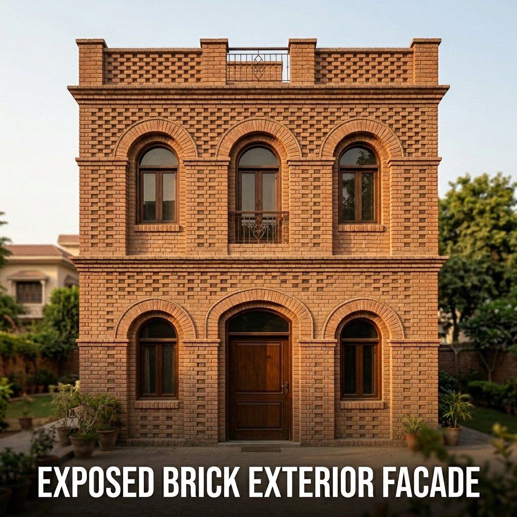 A striking two-story home exterior built with rich red, hand-molded clay bricks laid in an elegant, symmetrical Flemish bond pattern