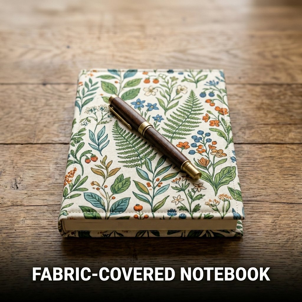 Fabric-covered notebook with decorative cloth cover and handmade stationery design