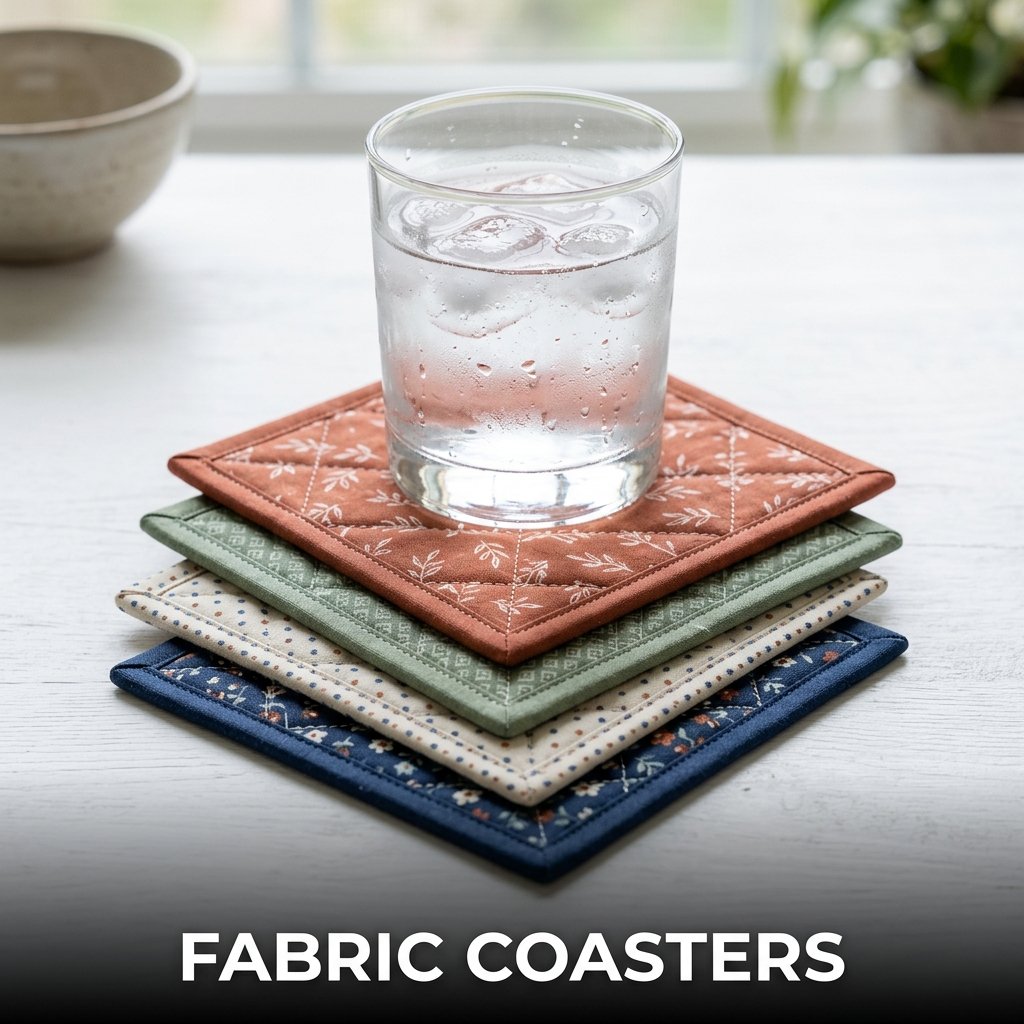 Fabric coasters with quilted layers and decorative handmade table protection design