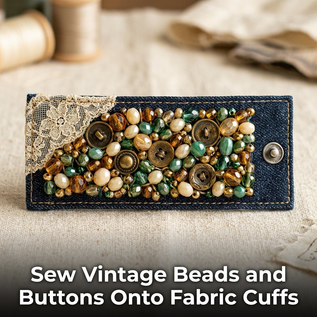 A denim fabric cuff bracelet intricately embroidered with various vintage mother-of-pearl buttons and glass seed beads