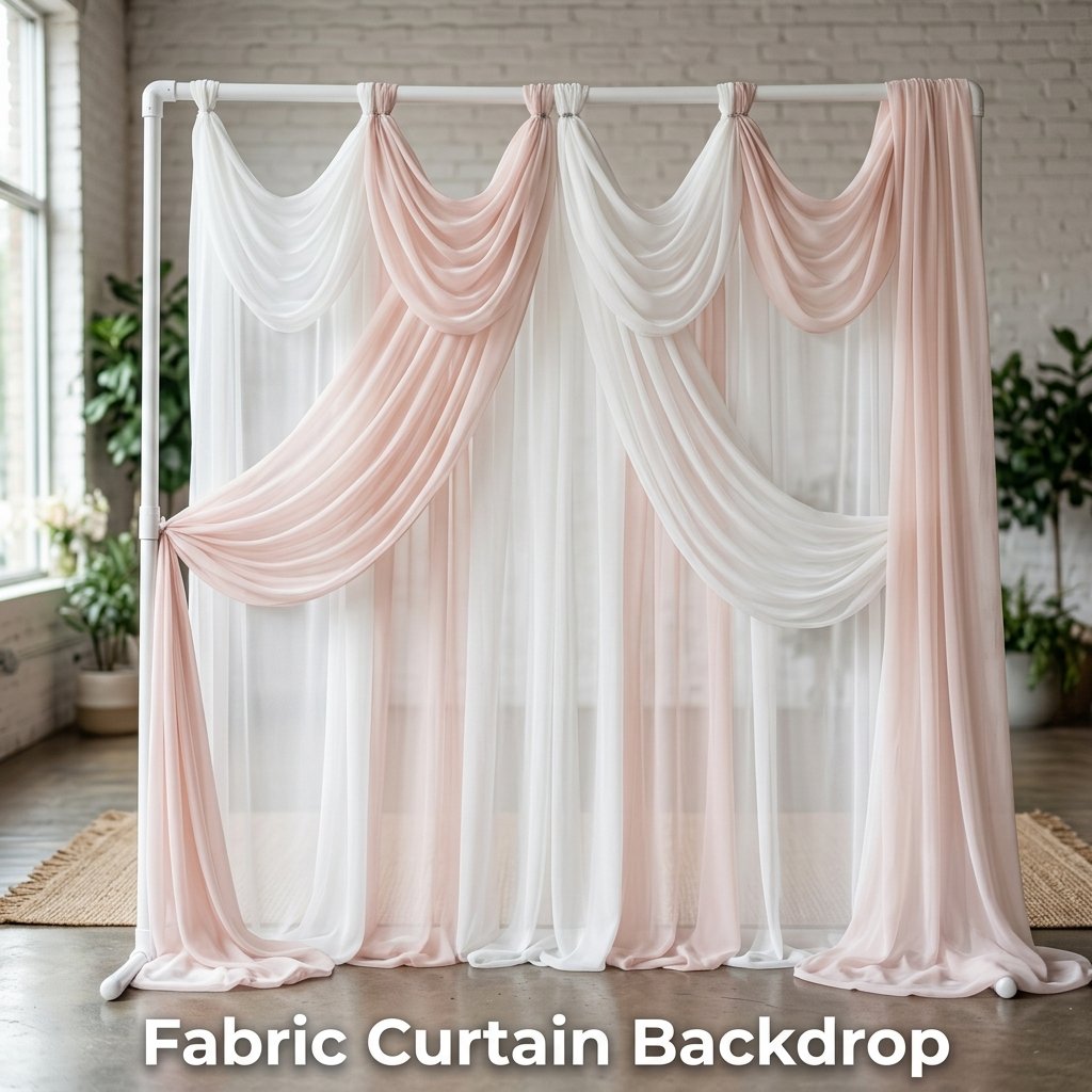 Elegant sheets of semi-transparent ivory chiffon fabric draped loosely over a freestanding white PVC pipe frame for an outdoor photo shoot