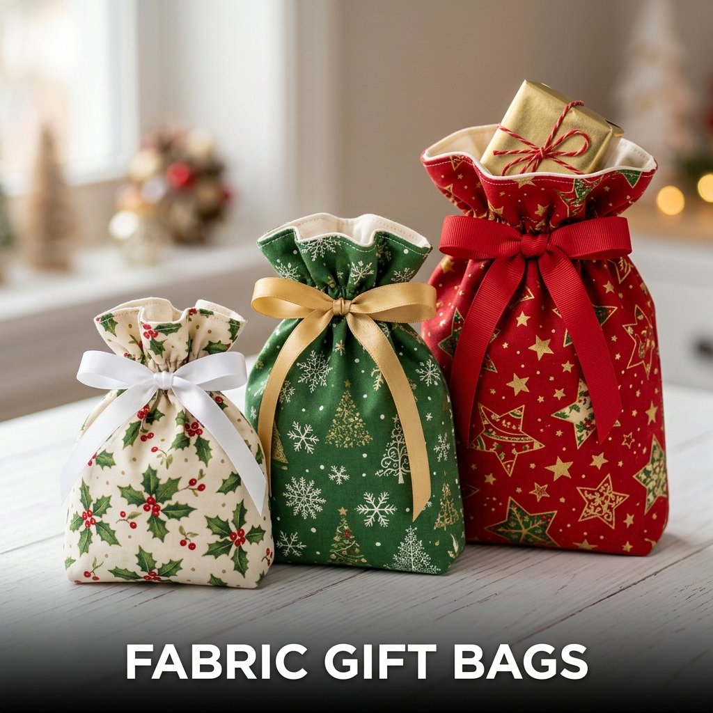 Reusable fabric gift bags with drawstring closure and decorative wrapping design