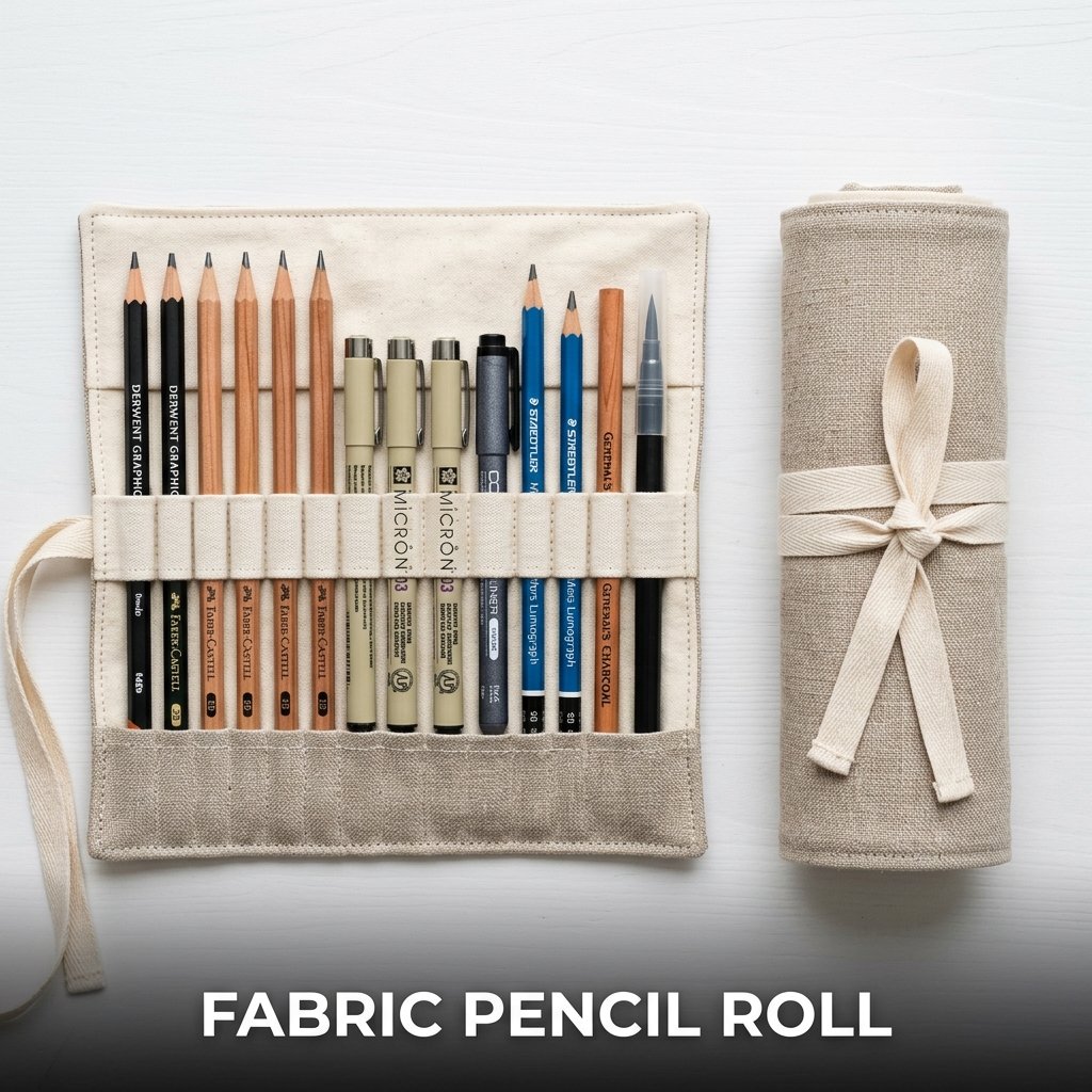 Fabric pencil roll with stitched storage pockets and portable handmade organizer design