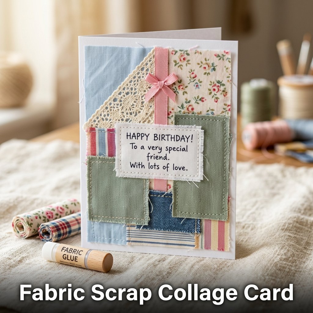 A rustic, textured card featuring a beautiful patchwork collage of plaid fabric scraps, delicate lace trims, and small cream-colored buttons

