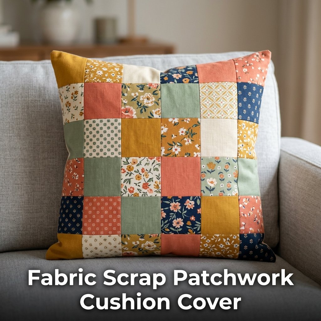 A cozy square sofa cushion encased in a vibrant patchwork cover hand-sewn from various patterned textile scraps