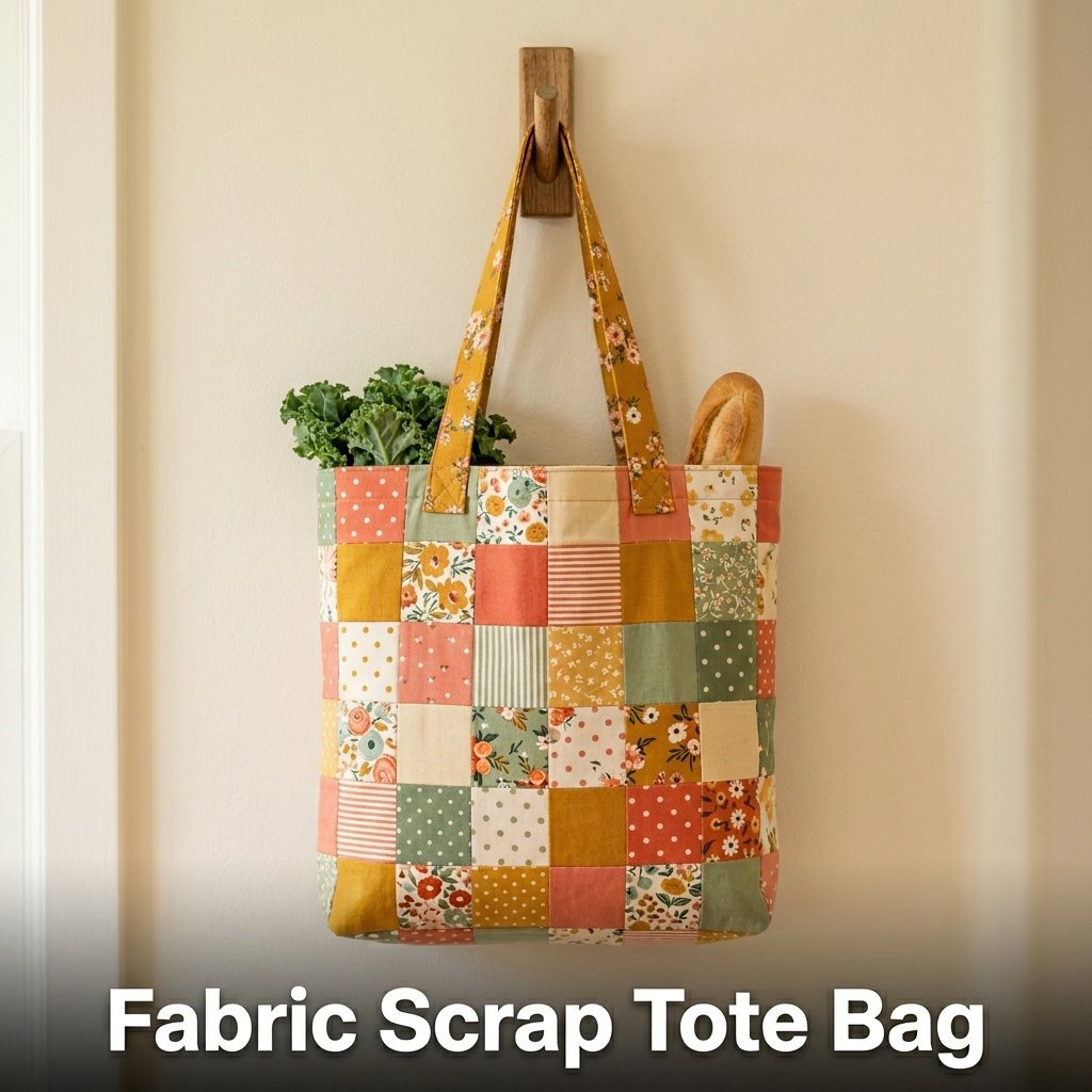 A colorful tote shopping bag expertly crafted from a patchwork grid of bright fabric scraps with double-stitched cotton handles