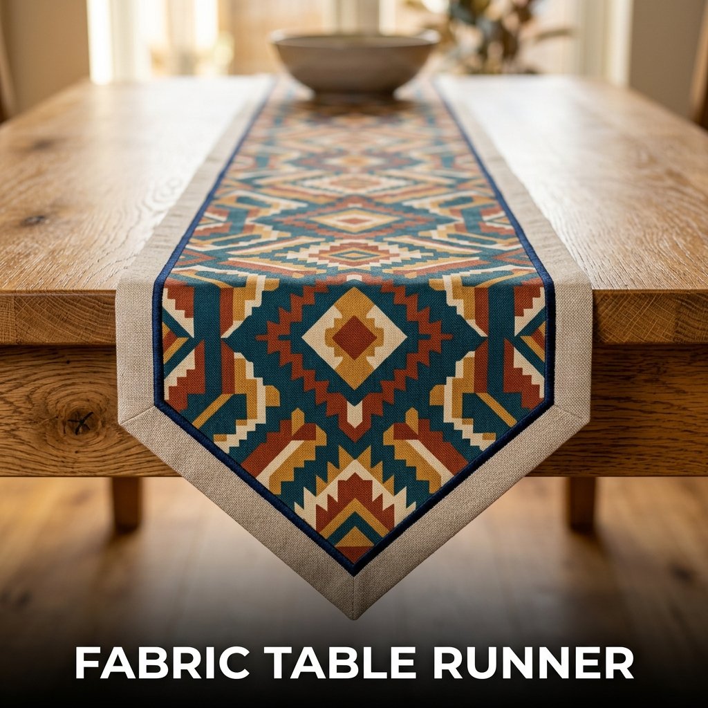 Fabric table runner with decorative pattern and elegant dining table decor style