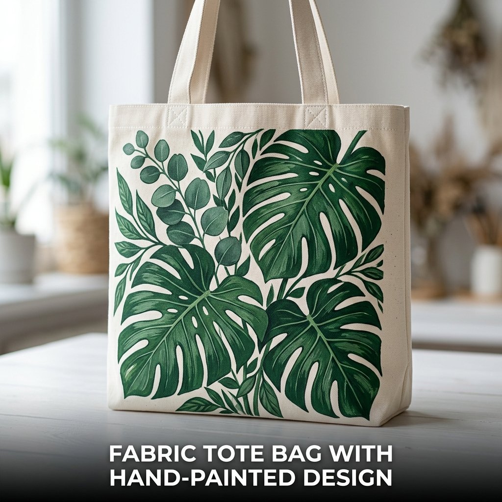 A durable natural canvas tote bag laid flat, showcasing a hand-painted dark green minimalist botanical palm leaf design on the front panel