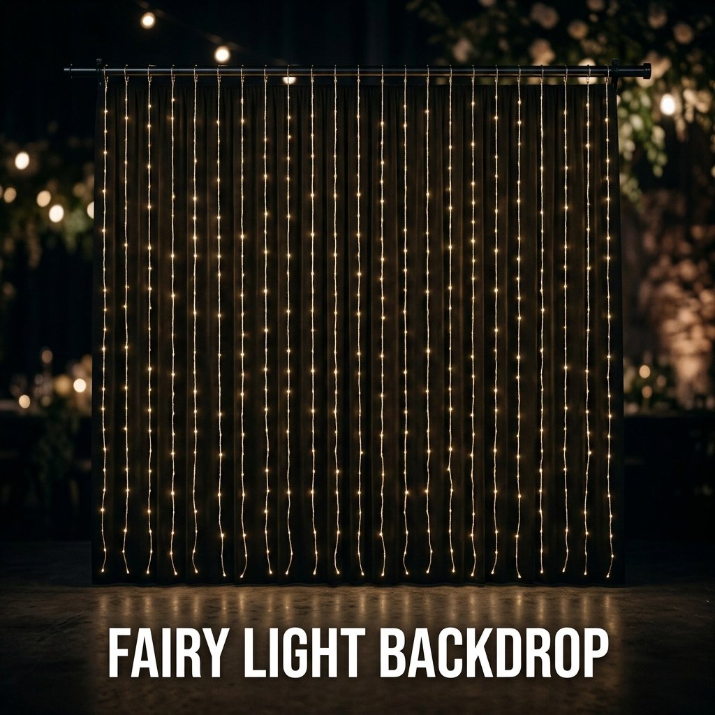 Vertical strands of warm, glowing copper wire fairy lights cascading densely from a clean white tension rod against a neutral studio wall