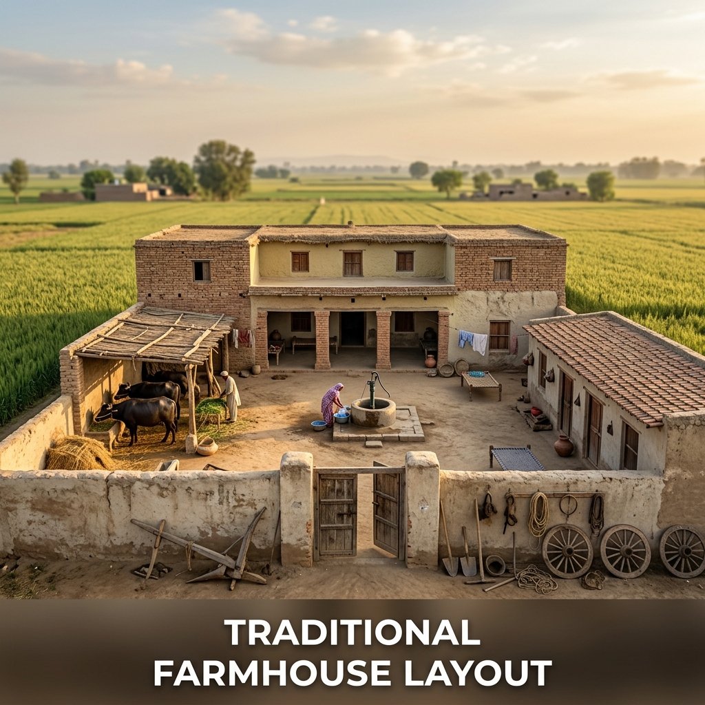 A wide, walled agricultural farmhouse compound layout with residential rooms on the north side and an open central courtyard for livestock and equipment