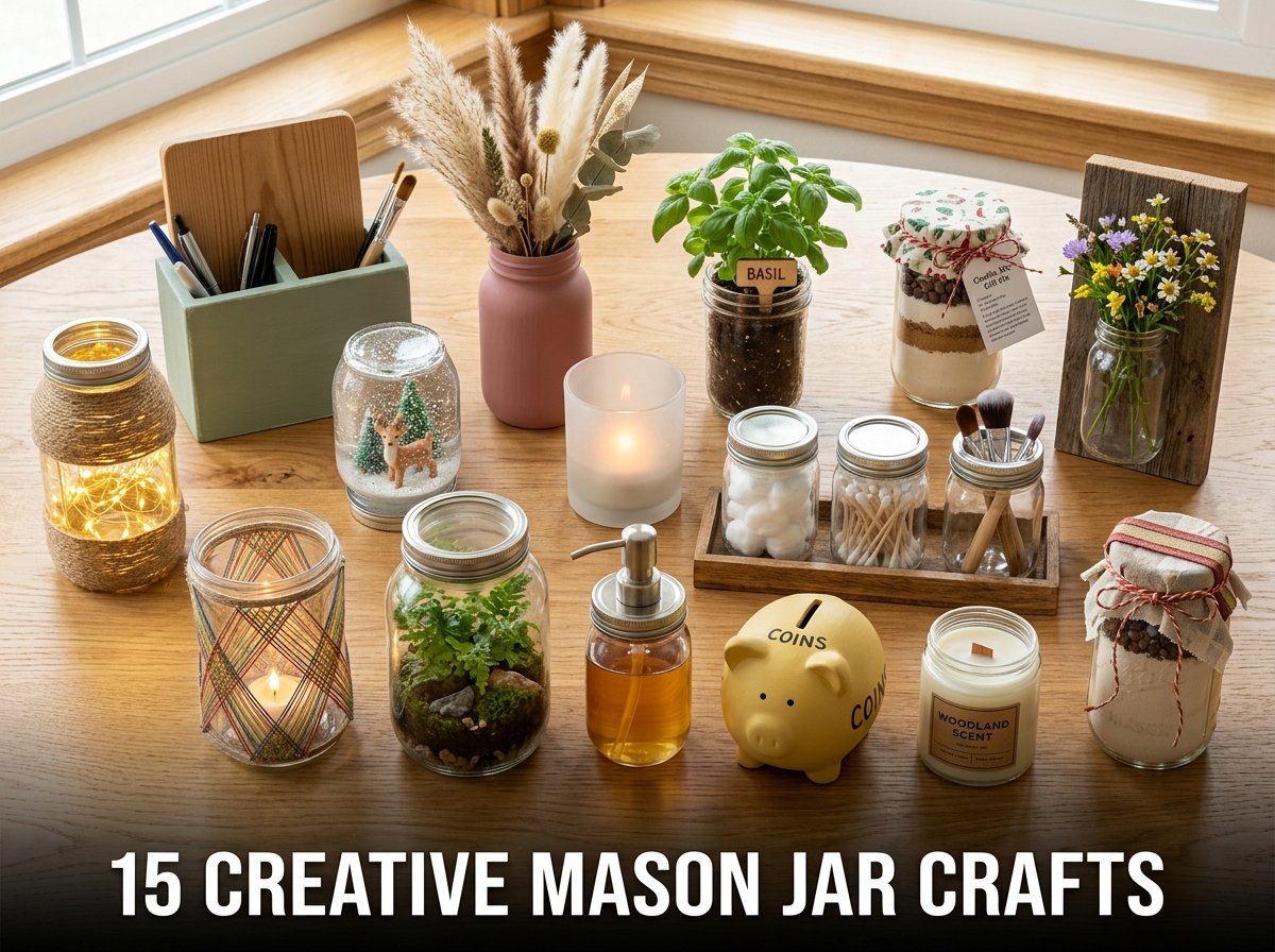 15 easy DIY mason jar crafts for home decor including upcycled fairy light lanterns, painted farmhouse vases, and herb planters on a wooden table