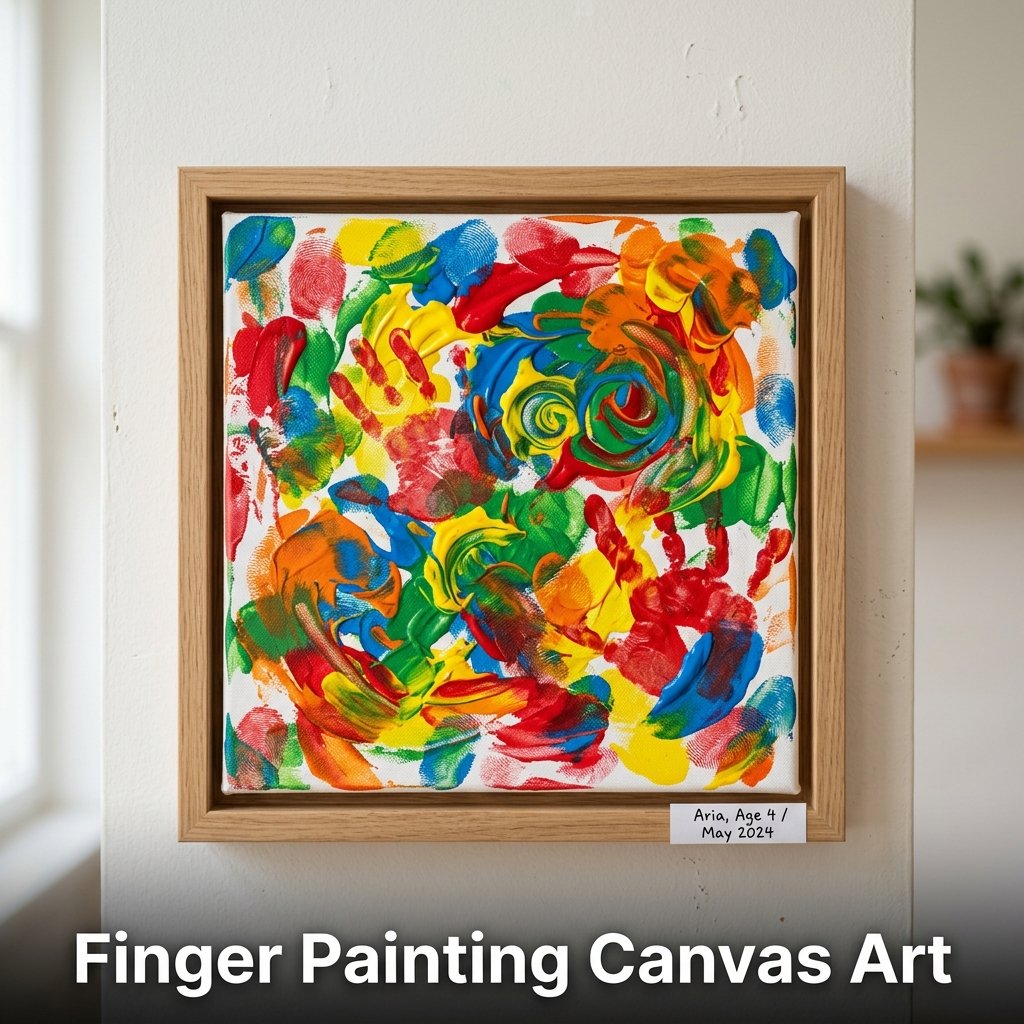 A vibrant, abstract child's modern artwork made from expressive swirls of non-toxic blue, red, and yellow finger paints on a square canvas board