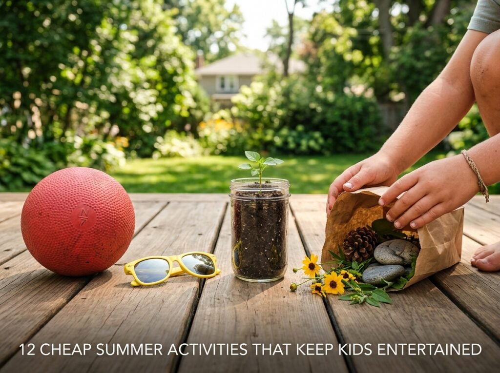 A bright and joyful summer backyard scene featuring a group of children laughing as they play with a colorful garden sprinkler on a lush green lawn.