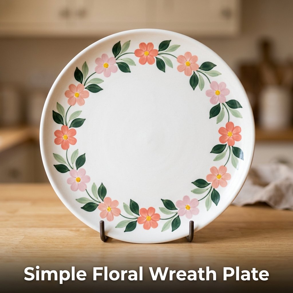A beautiful decorative ceramic plate displaying a delicate circular wreath of small five-petal pink flowers and tiny green leaves around its rim