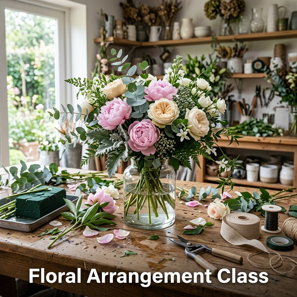 A gorgeous array of fresh pink peonies, eucalyptus stems, and baby's breath arranged neatly in a low ceramic vase.