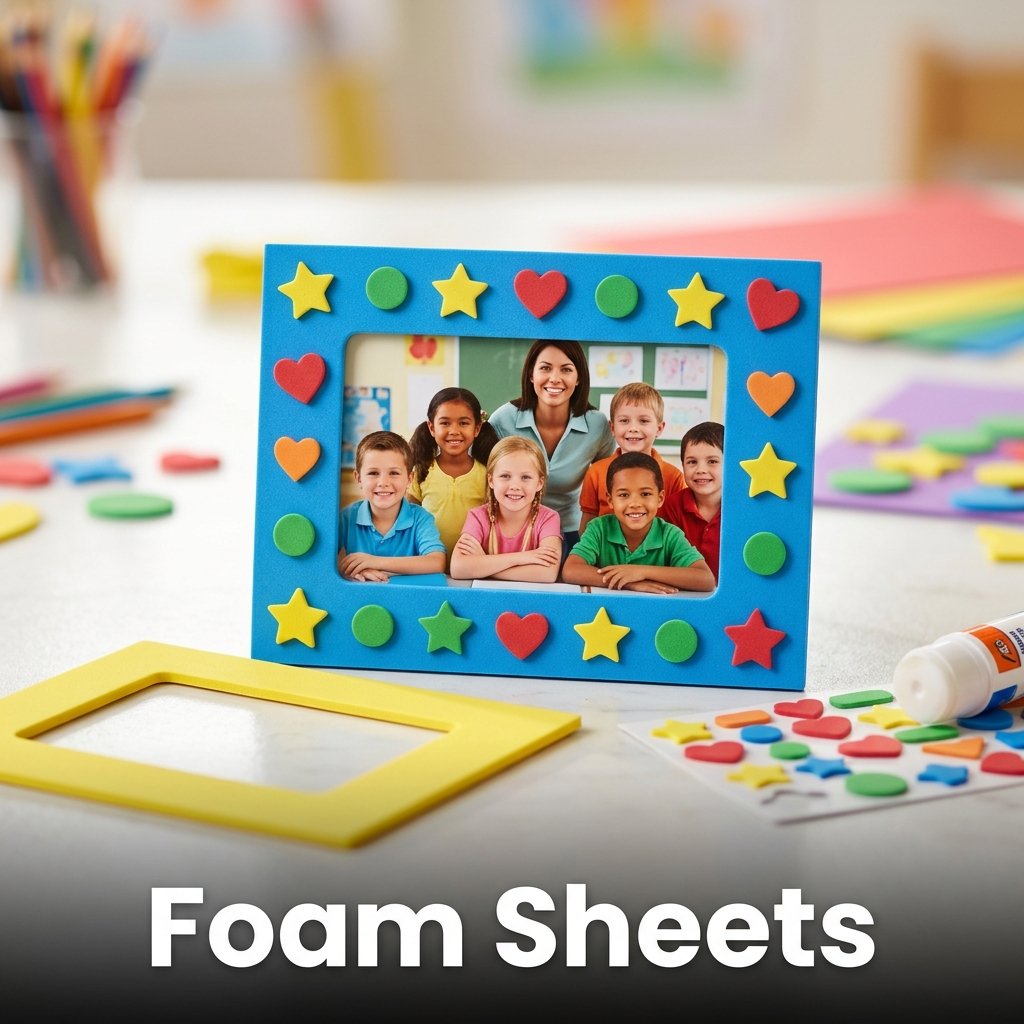 A neat stack of soft, flexible 2mm thick craft foam sheets in brilliant primary colors alongside pre-cut star and heart shapes
