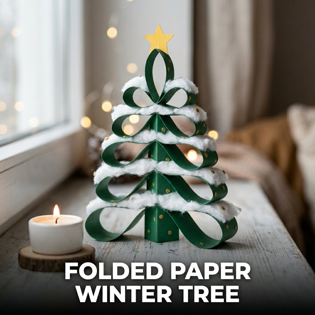 A 3D evergreen tree made from stacked loops of green cardstock, topped with a yellow star and cotton ball snow