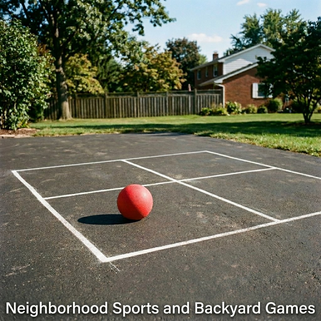 A group of neighborhood kids playing an active game of kickball on a quiet, sunny residential street