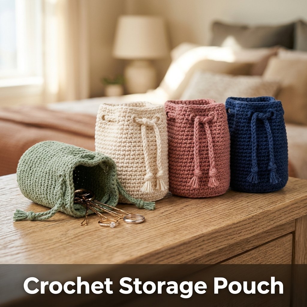 A small, tight-stitched tan cotton jewelry pouch cinched tightly closed with a braided yarn drawstring ribbon