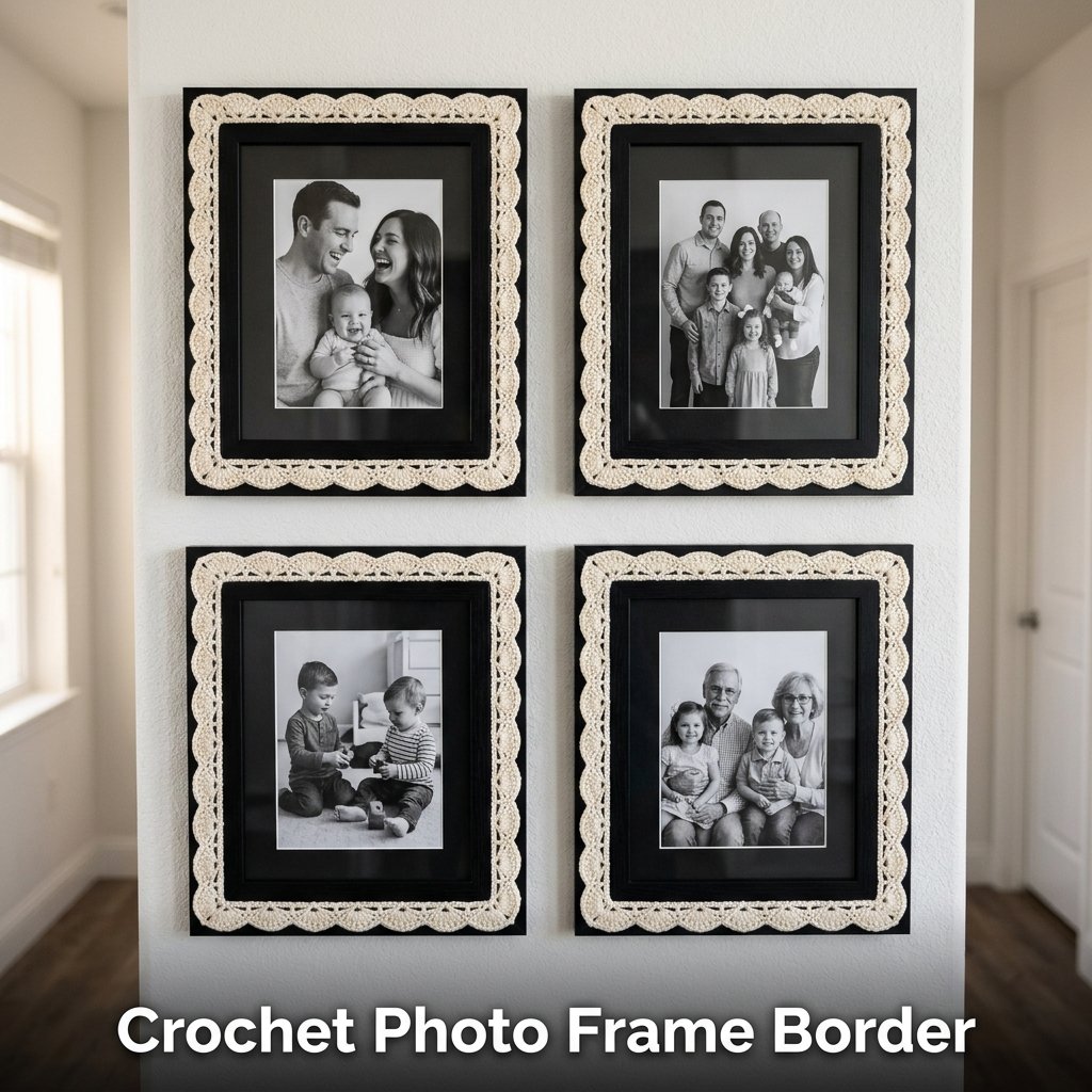 A simple black picture frame upgraded with an elegant, mitered cream crochet lace border strip glued along its edges